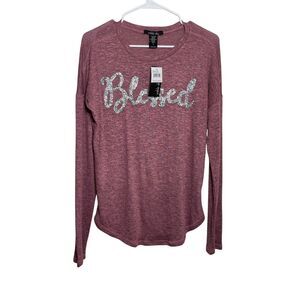 Sable Sky Blouse Women's Small Rhinestone Blessed Long Sleeve Crew Neck NWT